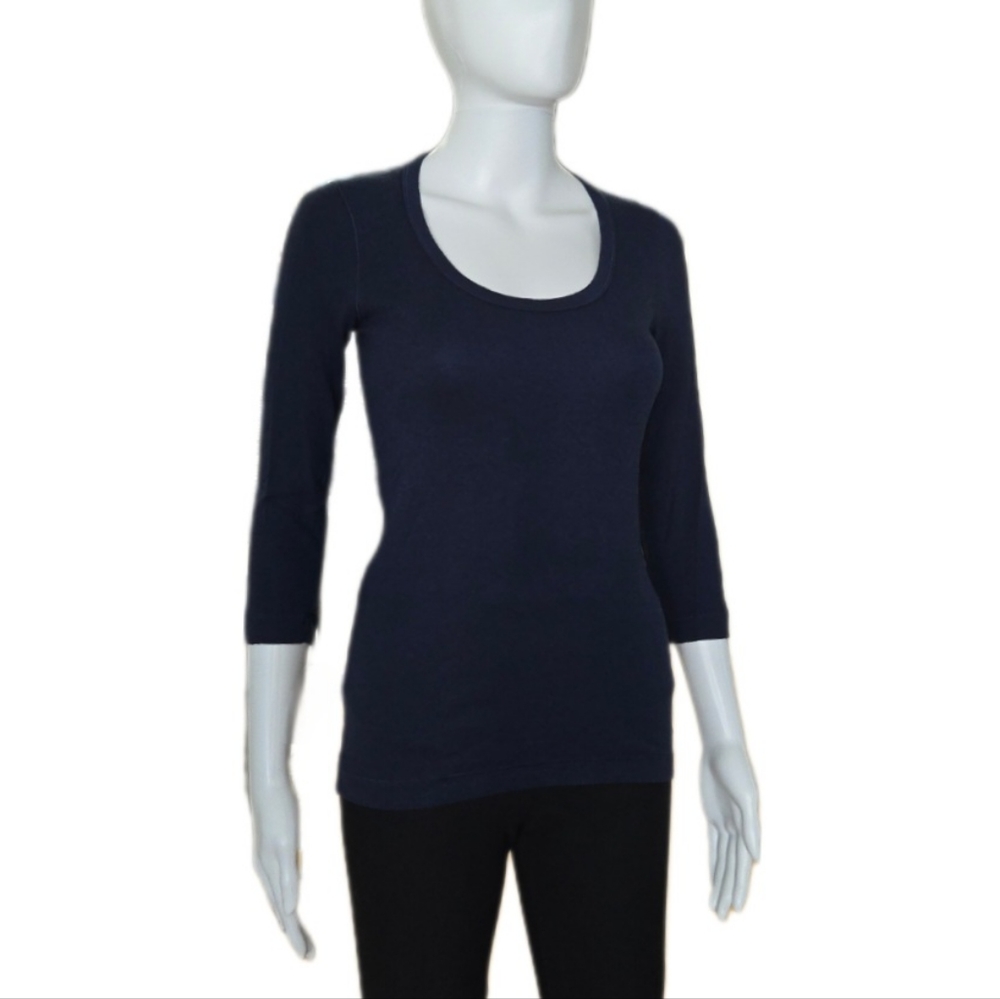 Splendid Ribbed Trim Deep Scoop-Neck Navy Blue 3/4-Sleeve Tee Size M